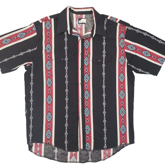 Vintage Wrangler Aztec Pearl Snap Western Shirt Mens 2XL Black Red Striped Rodeo - Picture 1 of 5